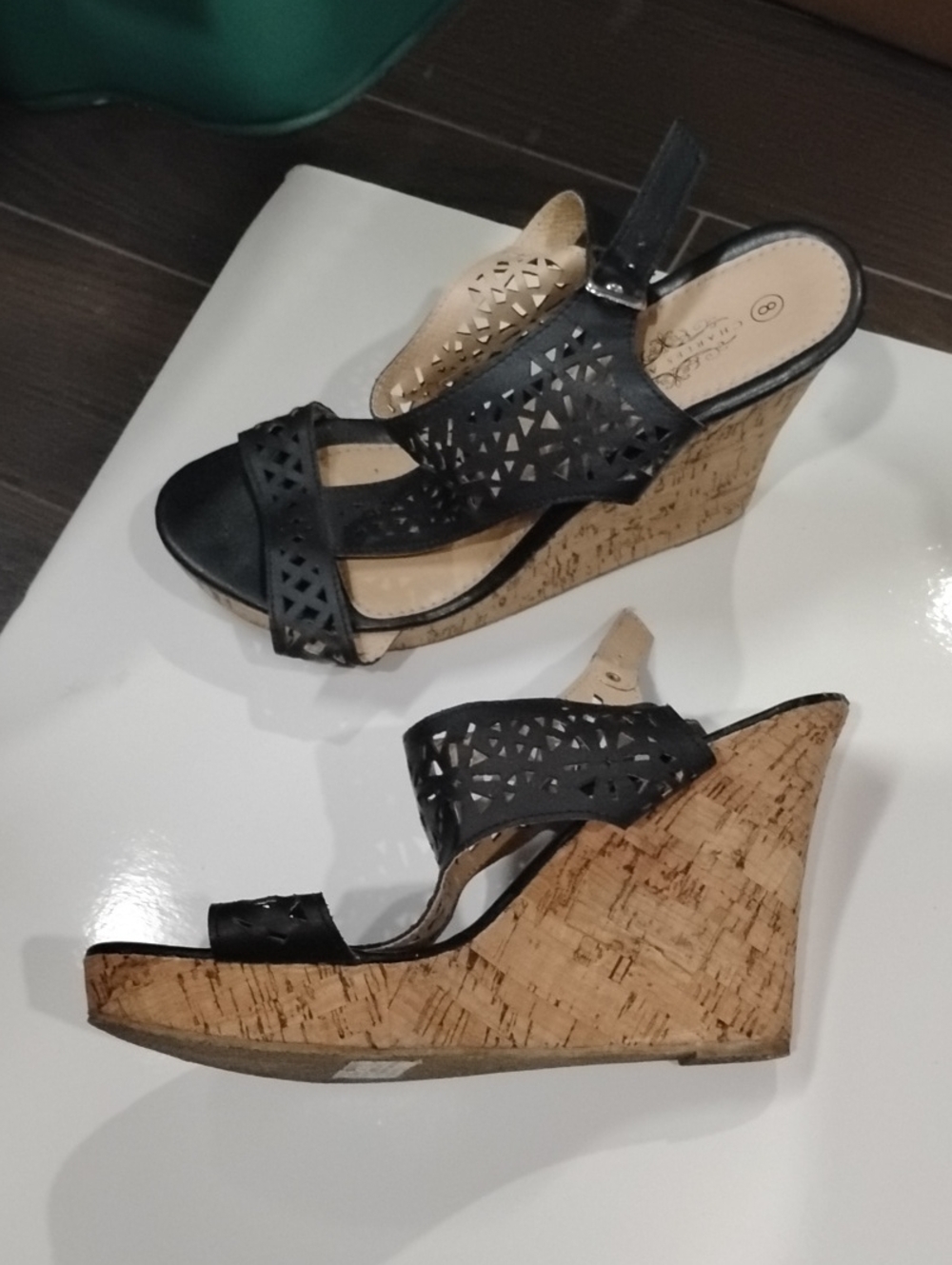 Charles Albert Black Laser-Cut Cork Wedge Sandals